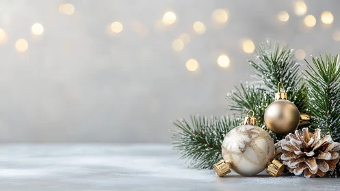 Gold Christmas ornaments with pine branches on snow surface.