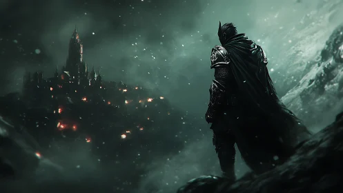 Midnight-clad warrior measures a burning citadel&rsquo;s doom