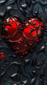 Ornamental Heart Form with Metallic Tentacle Morphology and Luminous Red Core