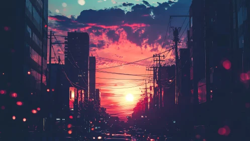 Cyberpunk sunset corridor with silhouetted powerline gridscape.