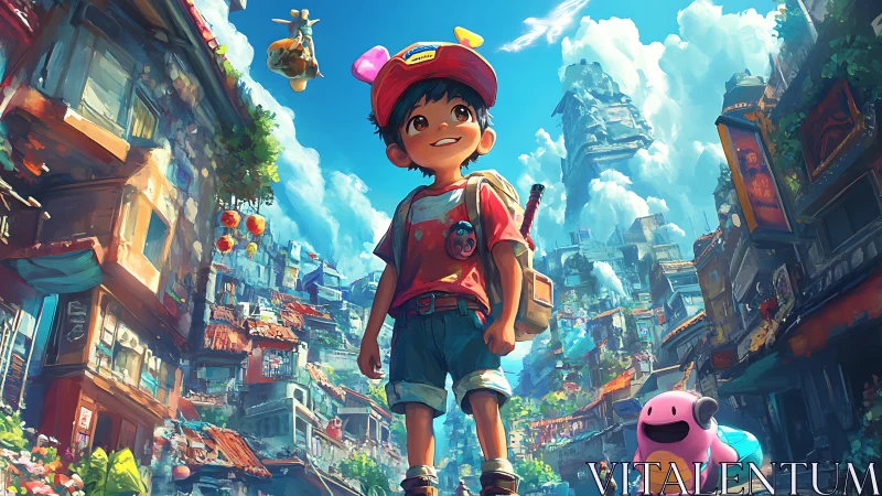 Child in colorful urban fantasy district with creatures.