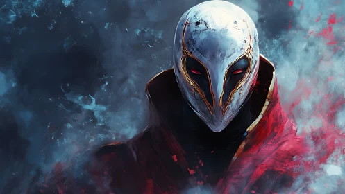 Armored masked figure with stylized white helm amid turbulent smoke