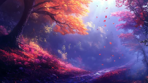 Forest pathway with amber foliage and purple atmospheric lighting