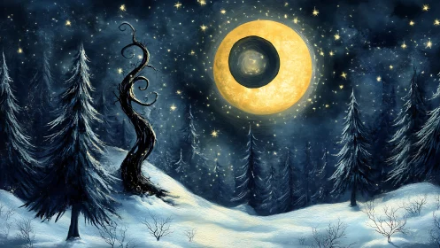 Winter forest landscape under circular celestial body.