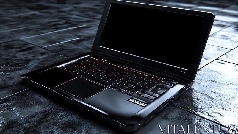 Closed screen laptop rests on reflective tiled floor surface