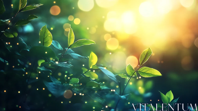 Sunlit Leaves with Sparkling Bokeh in Dreamy Nature Scene.