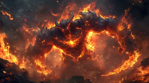 Molten horned fire titan emerging from volcanic inferno.