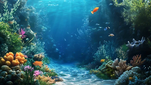 Coral reef seascape with diverse tropical fish and plants.