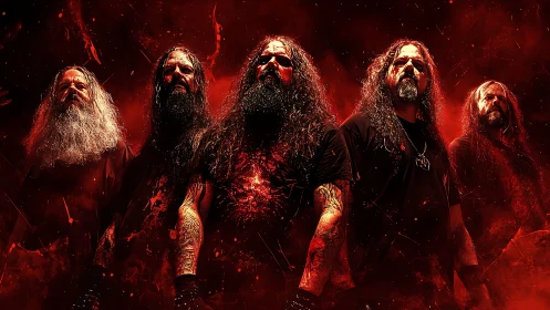 Metal band united in fiery red light and raw energy.