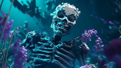 Voxelized skeletal corpse rendered with depth-of-field bloom lighting