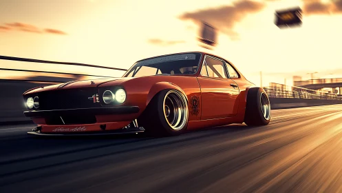 Low-slung orange drift car blurs across a sunlit highway.