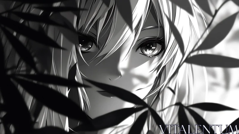 Monochrome anime portrait partially obscured by foliage.