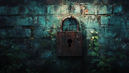 Rust kissed padlock guarding a timeworn teal brick wall.
