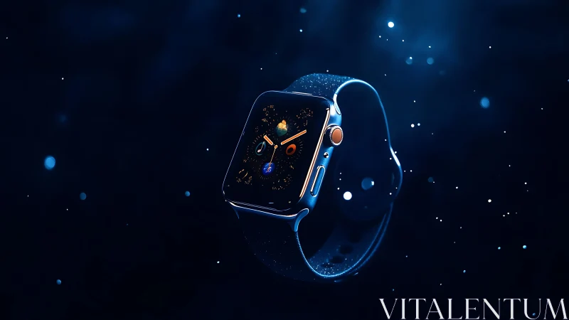 Smartwatch with glowing cosmic dial floats in deep blue space