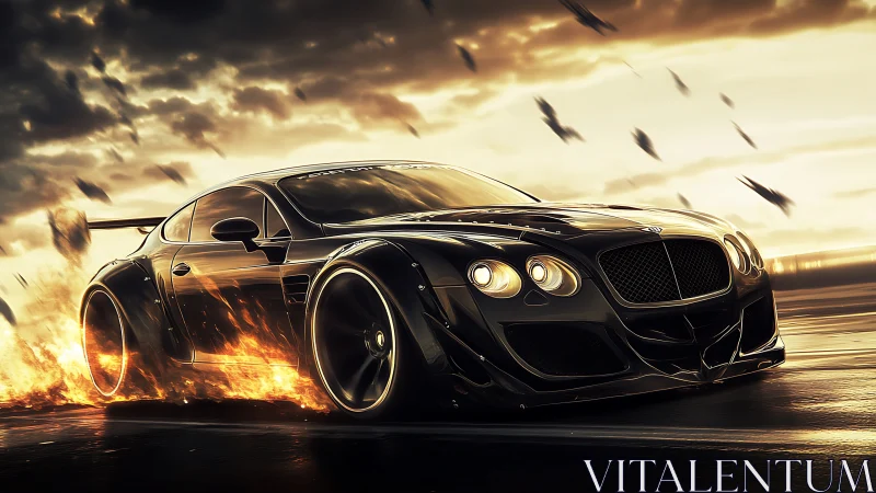 Black racing coupe drifts through fire on wet runway