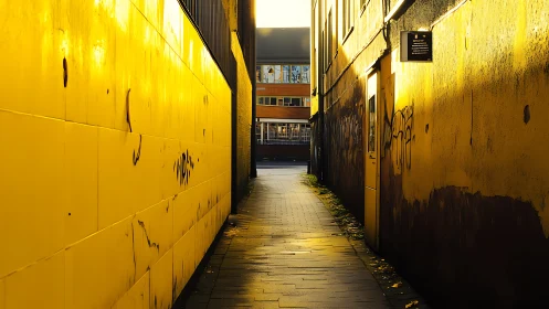 Golden alleyway corridor glowing toward distant daylight.