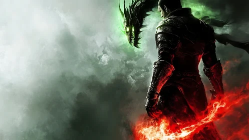 Dark armored warrior confronts glowing spectral dragon spirit.