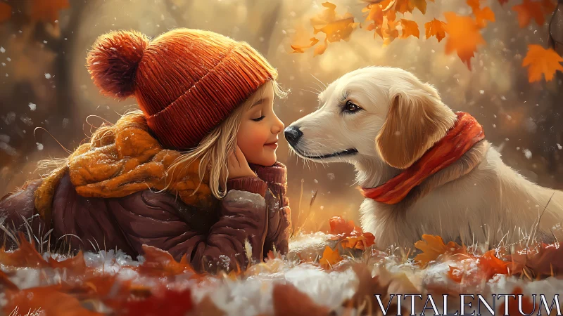 Girl and Golden Retriever Sharing Autumn Moment in Snow.