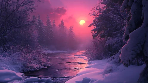 Rose dusk over snowlit river, where winter quietly glows.