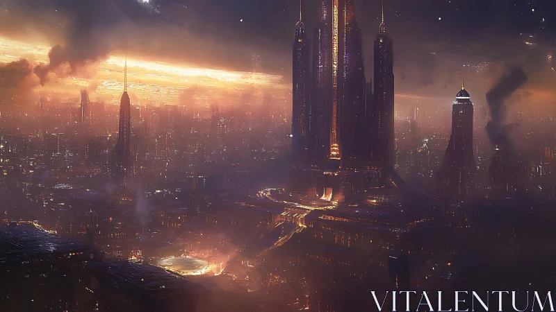 Futuristic high rise complex stands over dense smoggy city