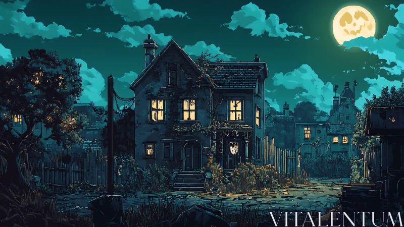 Moonlit house with glowing windows and gently spooky charm.