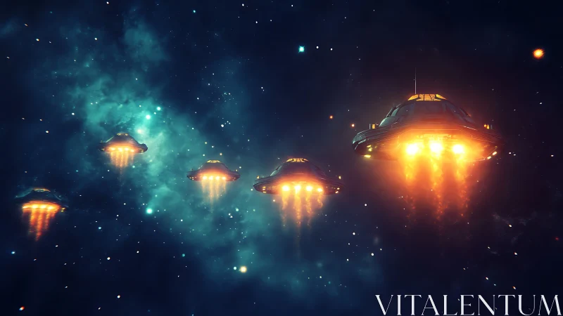 Formation flight of luminous saucer craft in deep interstellar void.