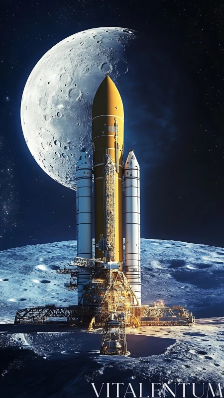 Lunar launch system silhouetted against enlarged moon disk