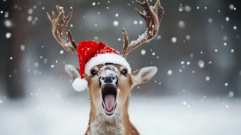 Joyful reindeer in Santa hat shouts into snowy winter air