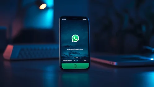 Modern smartphone displaying WhatsApp loading interface with illuminated green button element
