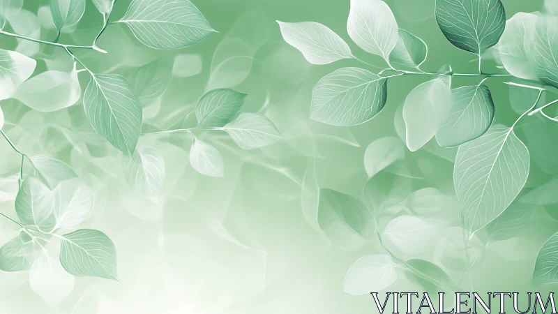 Pale green leafy branches on soft abstract gradient background.