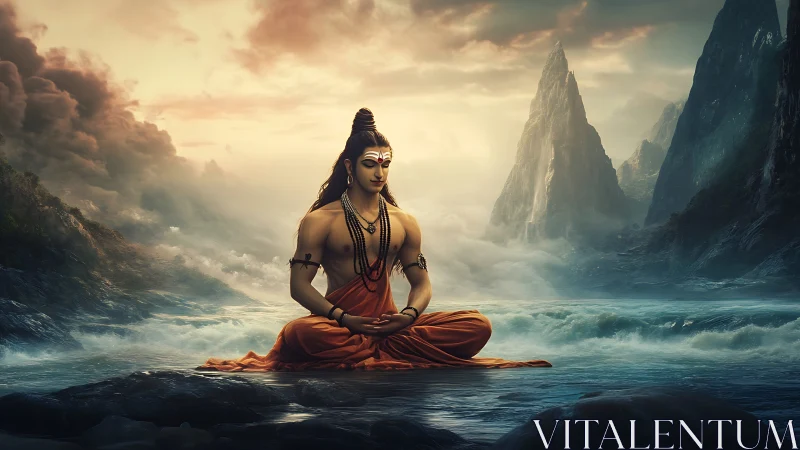 Meditating sage seated by mystical river and peaks.