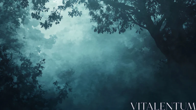 Misty Forest Canopy Wrapped in Dreamy Teal Light