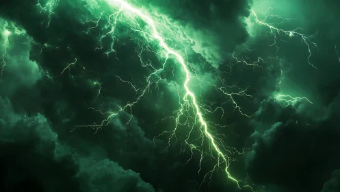 Emerald lightning tears through storm clouds in dramatic sky