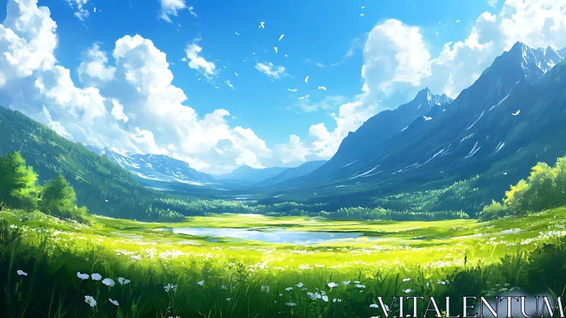 Vast alpine meadow under cumulus sky rendered in digital painting