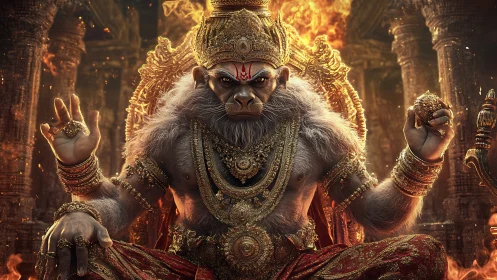 Simian war-god lounges in molten gold and temple fire