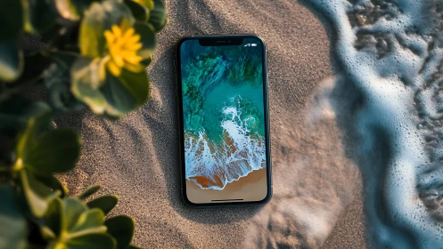 Beachbound smartphone cradling a tiny ocean portal dream.