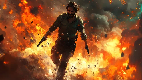 Action hero strides through inferno with dual pistols.