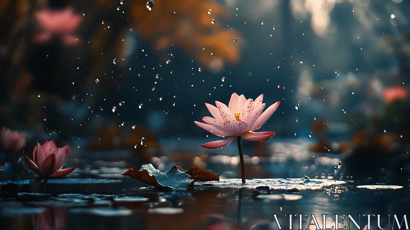 Pink Lotus Blooming Against Twilight Waters.