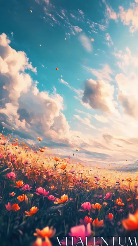 Wildflower meadow under expansive sky with cumulus clouds.