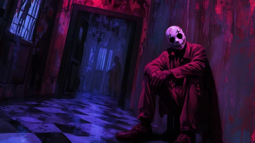 Masked watcher in a neon-soaked haunted hallway.