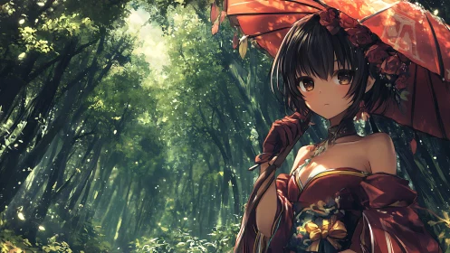 Anime forest portrait with parasol and dramatic rim lighting.