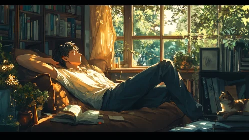 Sunlit reader drifting into a leafy afternoon dreamscape.