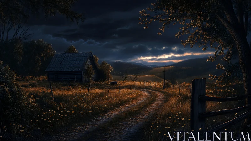 Twilight country road curving toward distant cabin and hills.