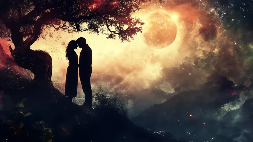 Silhouetted Couple Embraces Under Massive Golden Moon.
