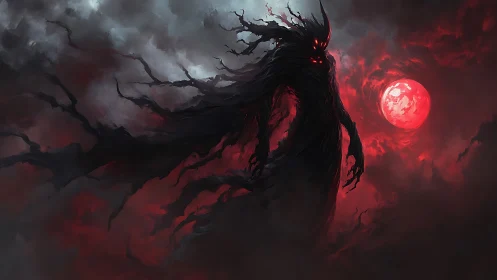 Shadow wraith looming under blood red moon in storm clouds.