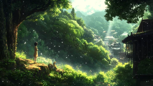 Child and dog observing forest valley village from cliff edge.