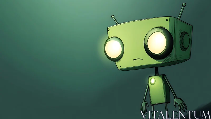 Melancholic green robot glowing softly in teal void.