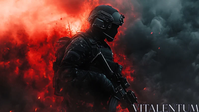 Armored tactical soldier in red and black explosive smoke scene.