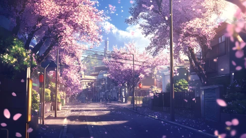 Sunlit cherry blossom street under drifting spring petals.