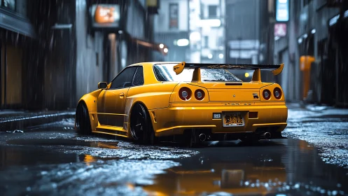 Neon-soaked skyline racer glows through rain-slick streets.